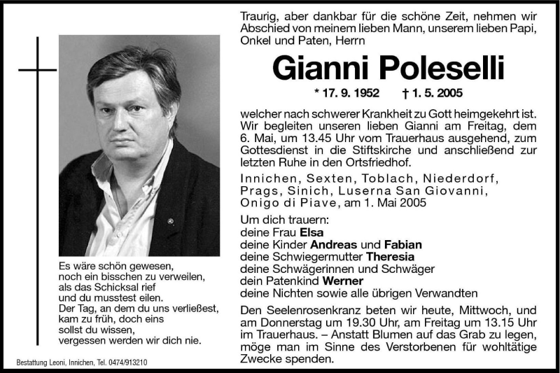  Traueranzeige für Gianni Poleselli vom 04.05.2005 aus Dolomiten