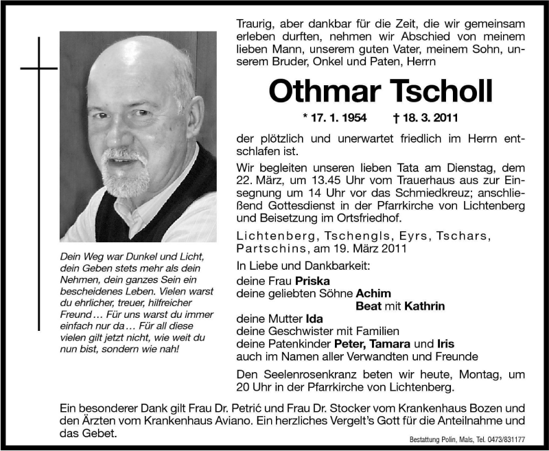  Traueranzeige für Othmar Tscholl vom 21.03.2011 aus Dolomiten