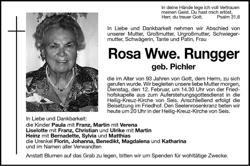  Traueranzeige für Rosa Rungger vom 11.02.2002 aus Dolomiten