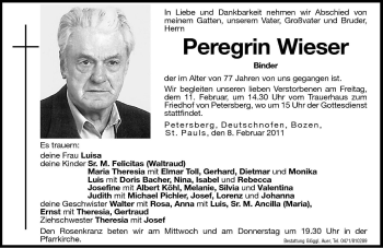 Traueranzeige von Peregrin Wieser von Dolomiten