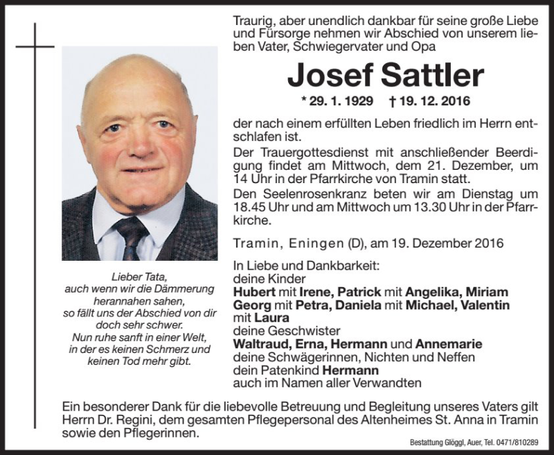  Traueranzeige für Josef Sattler vom 20.12.2016 aus Dolomiten