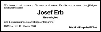 Traueranzeige von Josef Erb von Dolomiten