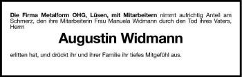 Traueranzeige von Augustin Widmann von Dolomiten