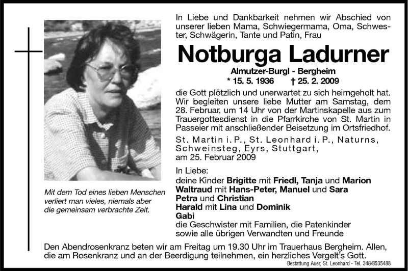  Traueranzeige für Notburga Ladurner vom 27.02.2009 aus Dolomiten