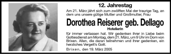 Traueranzeige von Dorothea Reiserer von Dolomiten