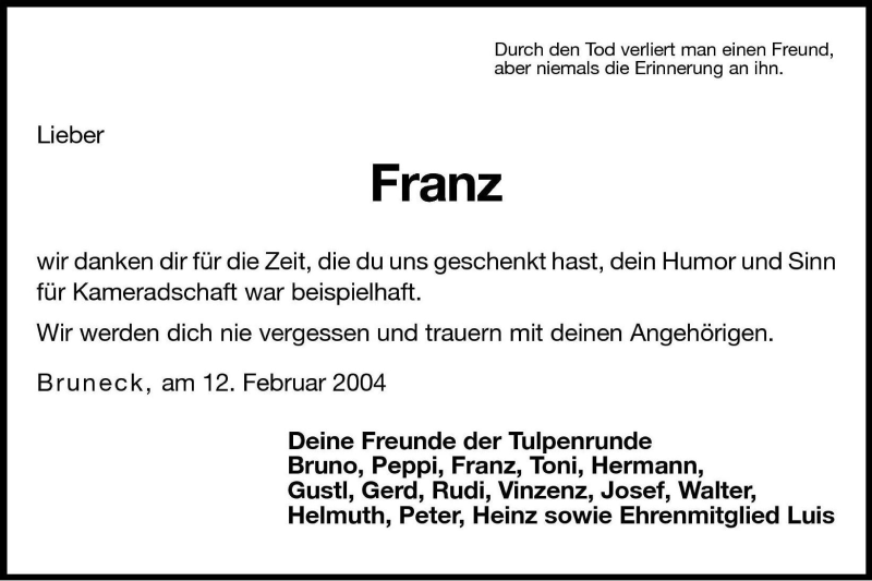  Traueranzeige für Franz  vom 12.02.2004 aus Dolomiten