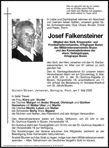 Traueranzeige von Josef Falkensteiner von Dolomiten