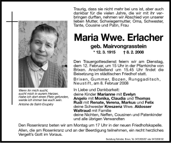 Traueranzeige von Maria Erlacher von Dolomiten