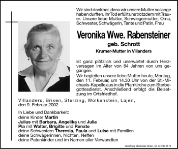 Traueranzeige von Veronika Rabensteiner von Dolomiten