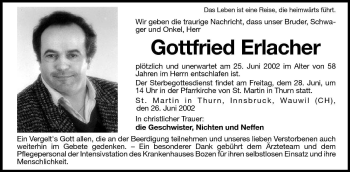 Traueranzeige von Gottfried Erlacher von Dolomiten