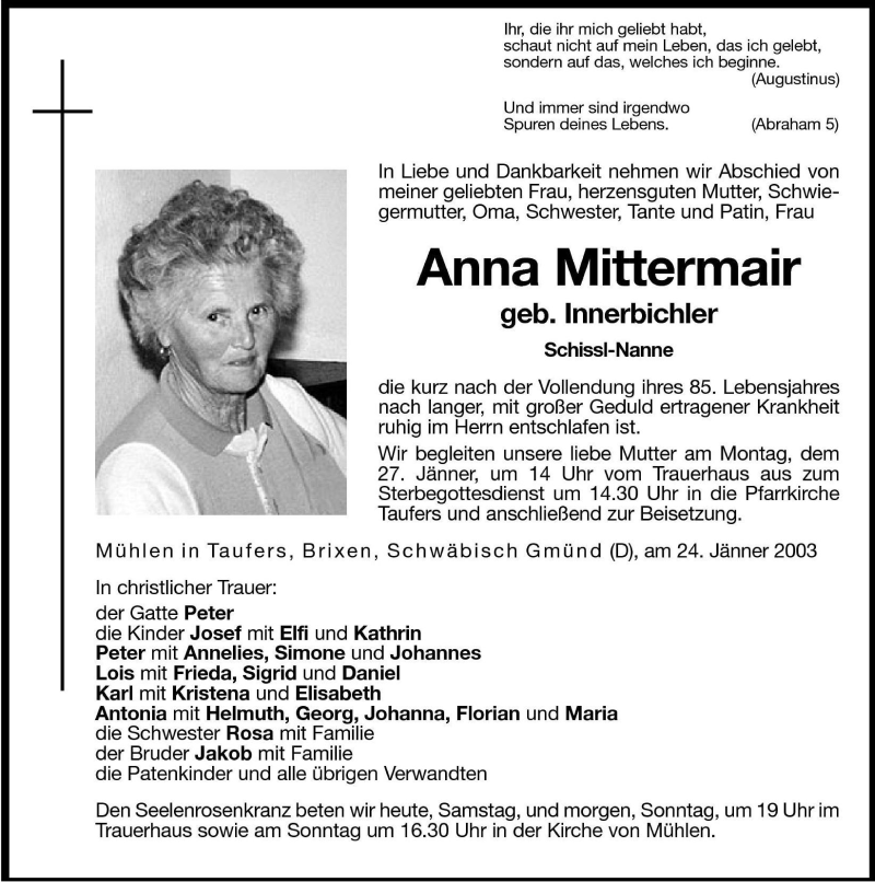  Traueranzeige für Anna Mittermair vom 25.01.2003 aus Dolomiten