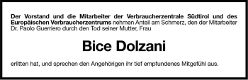 Traueranzeige von Bice Dolzani von Dolomiten