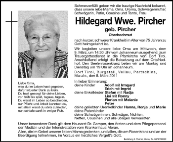 Traueranzeige von Hildegard Pircher von Dolomiten