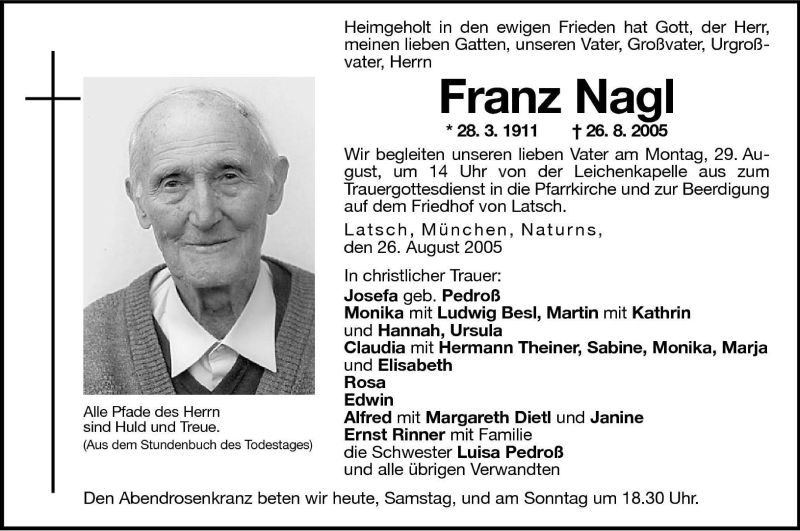  Traueranzeige für Franz Nagl vom 27.08.2005 aus Dolomiten