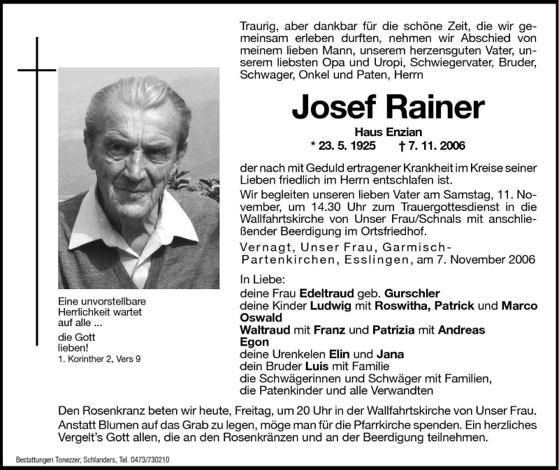  Traueranzeige für Josef Rainer vom 10.11.2006 aus Dolomiten