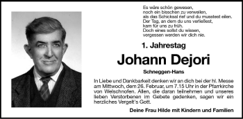 Traueranzeige von Johann Dejori von Dolomiten