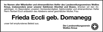 Traueranzeige von Frieda Eccli von Dolomiten
