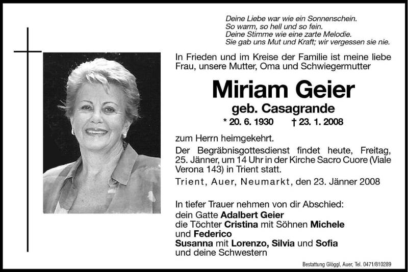  Traueranzeige für Miriam Geier vom 25.01.2008 aus Dolomiten