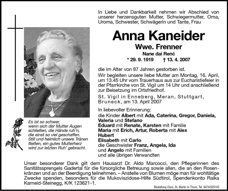  Traueranzeige für Anna Frenner vom 14.04.2007 aus Dolomiten