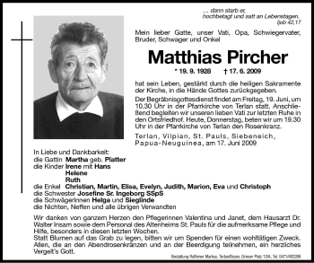 Traueranzeige von Matthias Pircher von Dolomiten
