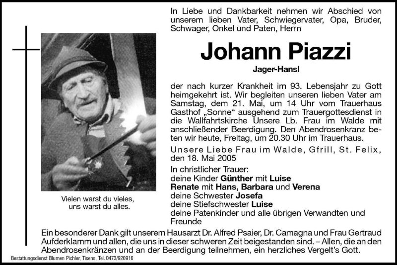  Traueranzeige für Johann Piazzi vom 20.05.2005 aus Dolomiten