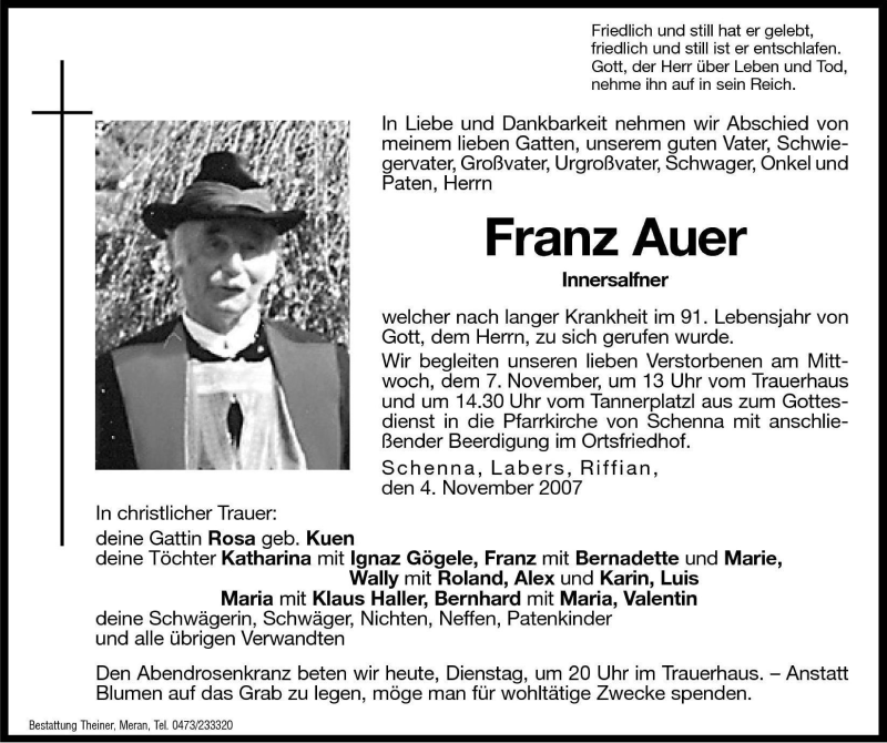  Traueranzeige für Franz Auer vom 06.11.2007 aus Dolomiten