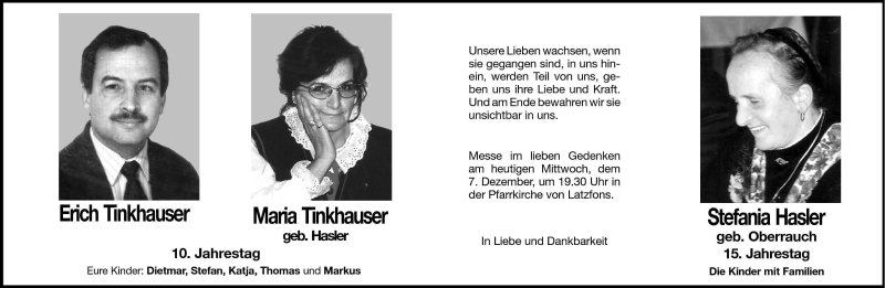  Traueranzeige für Erich Tinkhauser vom 07.12.2005 aus Dolomiten