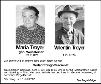 Traueranzeige von Maria Troyer von Dolomiten