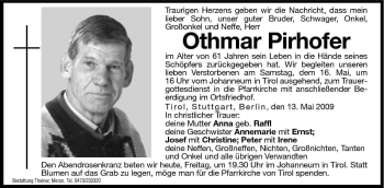 Traueranzeige von Othmar Pirhofer von Dolomiten