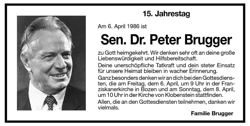  Traueranzeige für Peter Brugger vom 05.04.2001 aus Dolomiten