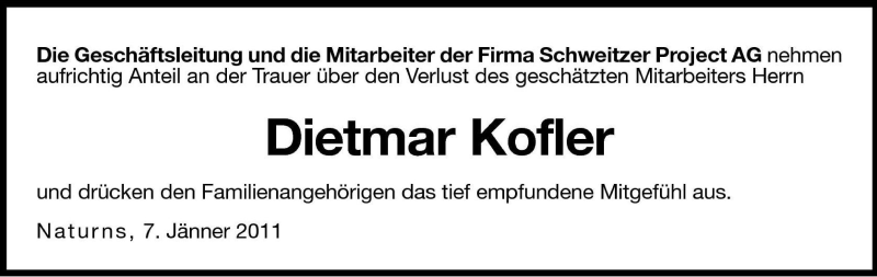  Traueranzeige für Dietmar Kofler vom 08.01.2011 aus Dolomiten