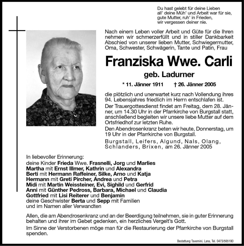  Traueranzeige für Franziska Carli vom 27.01.2005 aus Dolomiten