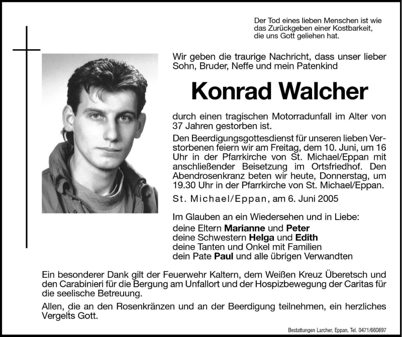  Traueranzeige für Konrad Walcher vom 09.06.2005 aus Dolomiten
