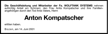 Traueranzeige von Anton Kompatscher von Dolomiten