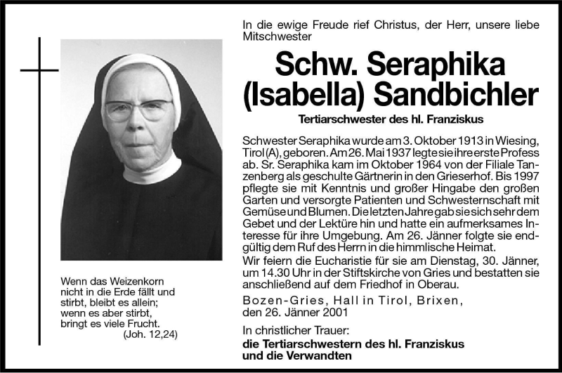  Traueranzeige für Seraphika (Isabella) Sandbichler vom 27.01.2001 aus Dolomiten
