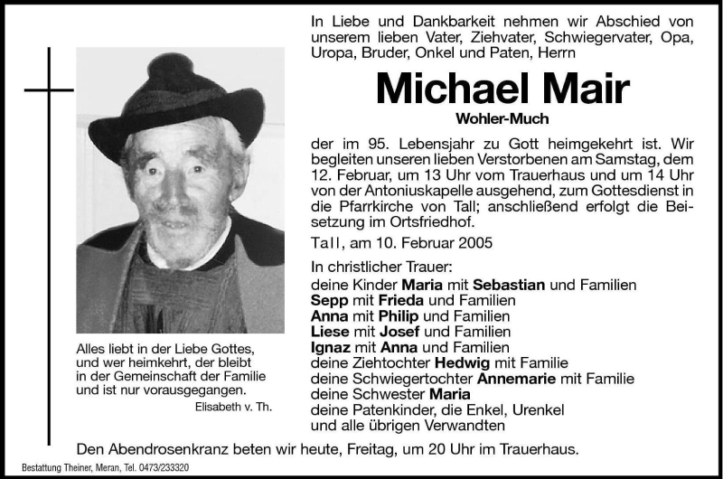  Traueranzeige für Michael Mair vom 11.02.2005 aus Dolomiten