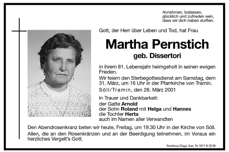  Traueranzeige für Martha Pernstich vom 30.03.2001 aus Dolomiten