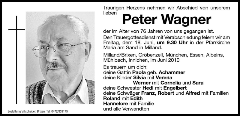 Traueranzeige für Peter Wagner vom 16.06.2010 aus Dolomiten
