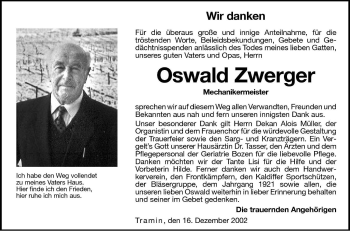 Traueranzeige von Oswald Zwerger von Dolomiten