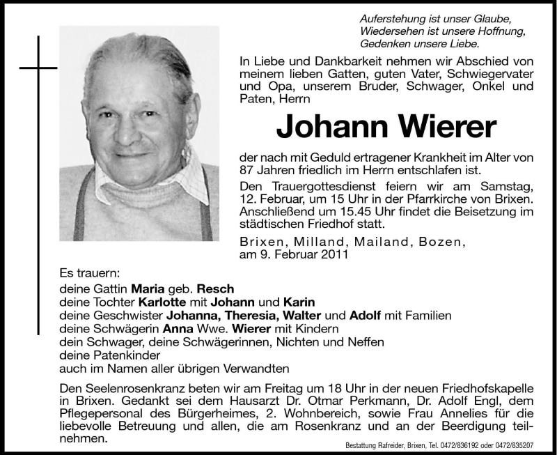  Traueranzeige für Johann Wierer vom 11.02.2011 aus Dolomiten