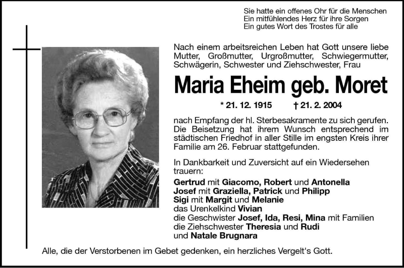  Traueranzeige für Maria Eheim vom 28.02.2004 aus Dolomiten