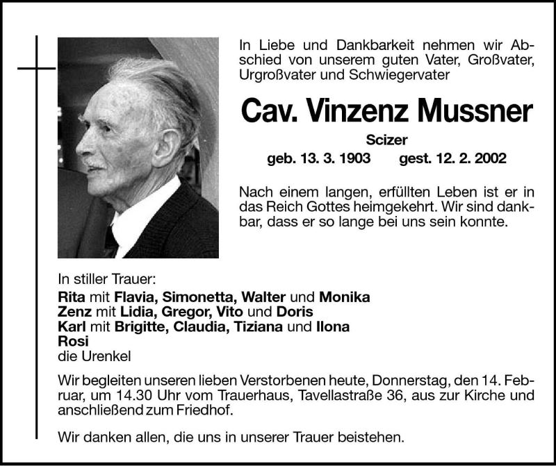  Traueranzeige für Vinzenz Mussner vom 14.02.2002 aus Dolomiten