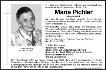 Traueranzeige von Maria Pichler von Dolomiten