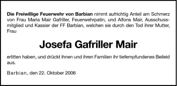 Traueranzeige von Josefa Gafriller Mair von Dolomiten