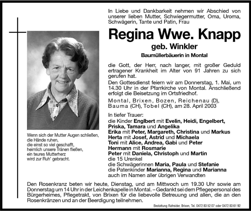  Traueranzeige für Regina Knapp vom 29.04.2003 aus Dolomiten