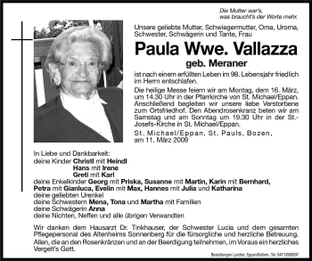 Traueranzeige von Paula Vallazza von Dolomiten