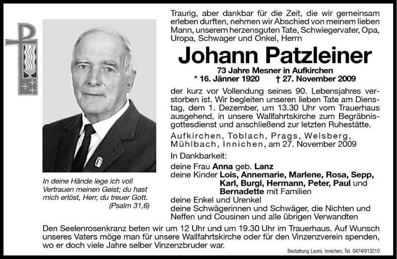  Traueranzeige für Johann Patzleiner vom 28.11.2009 aus Dolomiten