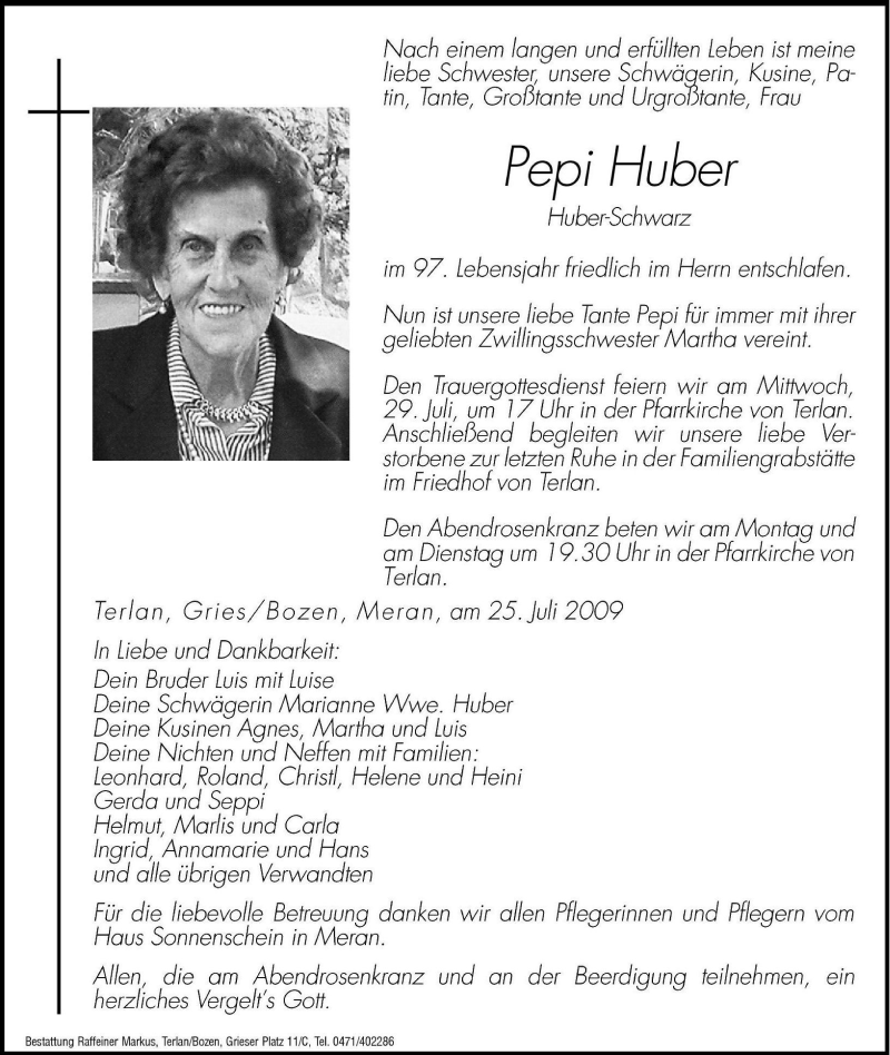  Traueranzeige für Pepi Huber vom 27.07.2009 aus Dolomiten