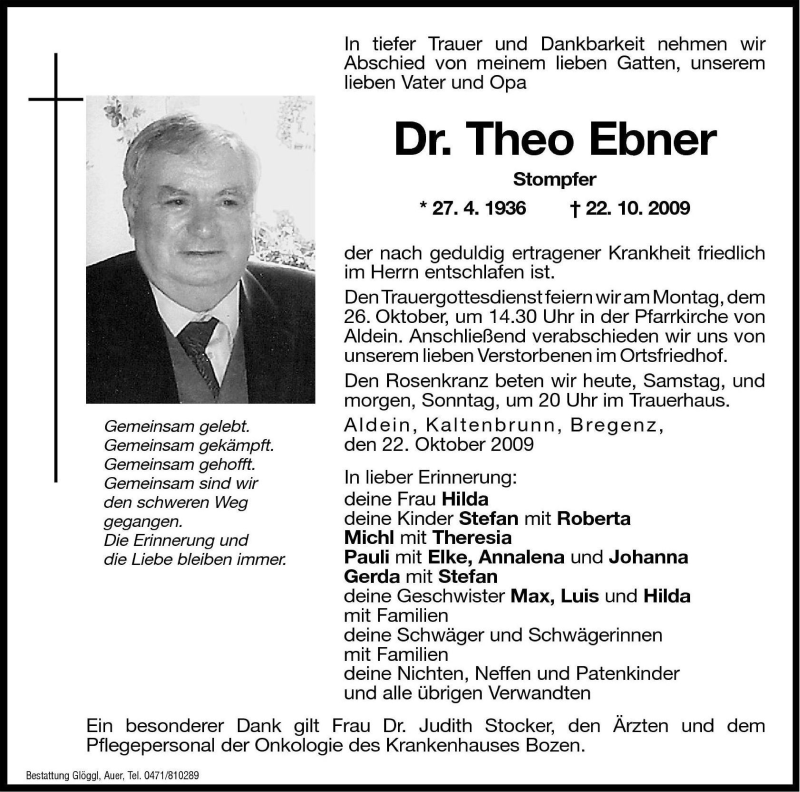  Traueranzeige für Theo Ebner vom 24.10.2009 aus Dolomiten