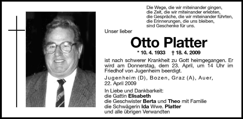  Traueranzeige für Otto Platter vom 22.04.2009 aus Dolomiten
